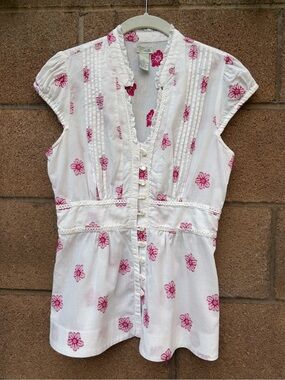 Odille White and Pink Floral Button-Front Cotton Top
